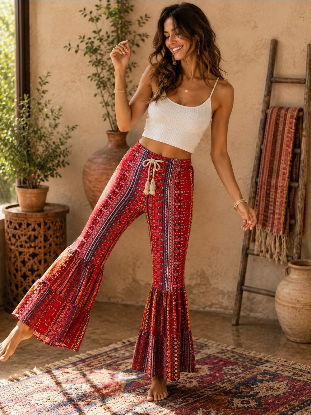 Red Boho Wide-Leg Tiered Pants with Tassel Drawstring